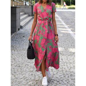 Printed Tie Waist Short Sleeve Dress